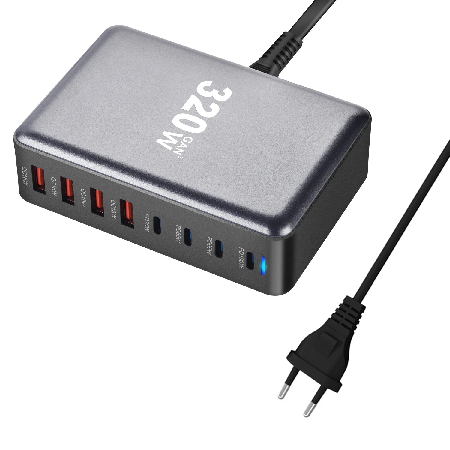 Chargeur rapide GaN 320W – 8 ports USB-C & USB-A – PD 3.0