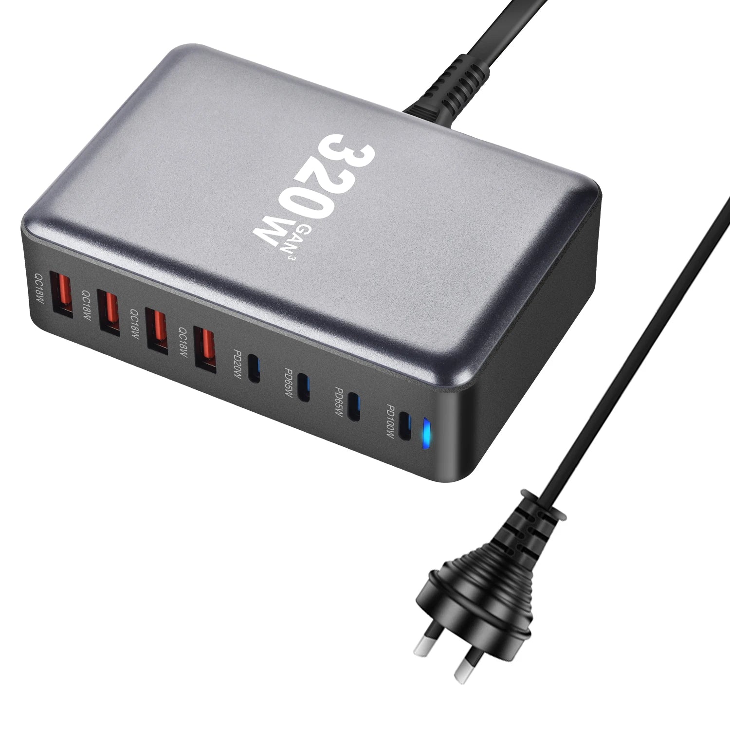 Chargeur rapide GaN 320W – 8 ports USB-C & USB-A – PD 3.0