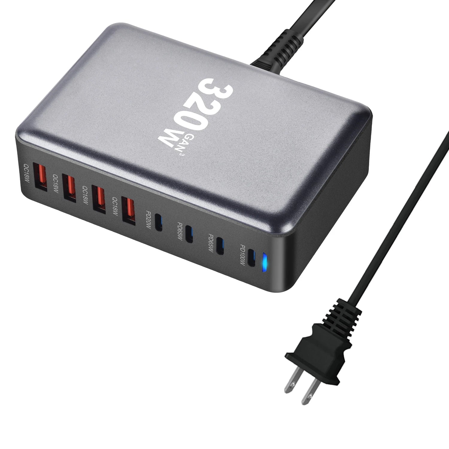 Chargeur rapide GaN 320W – 8 ports USB-C & USB-A – PD 3.0
