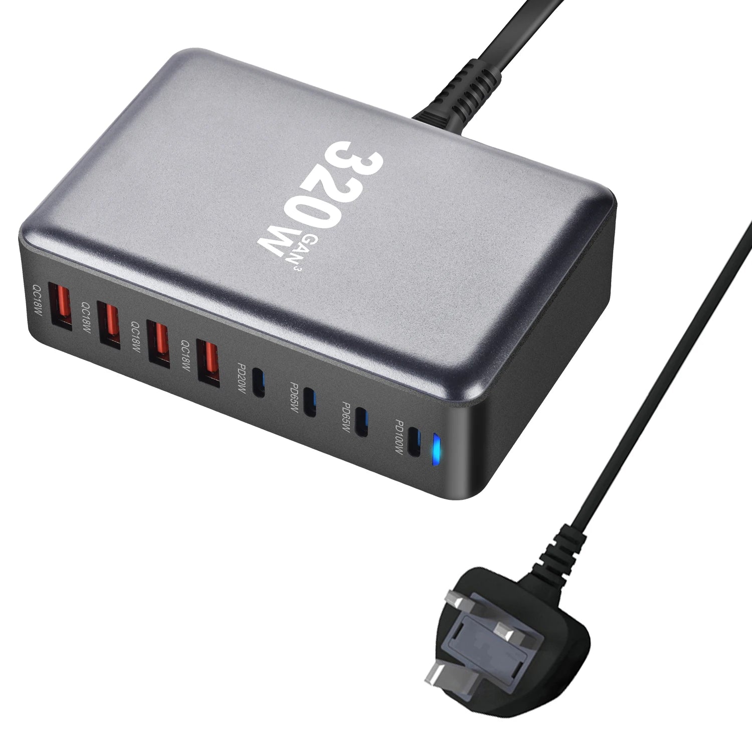 Chargeur rapide GaN 320W – 8 ports USB-C & USB-A – PD 3.0