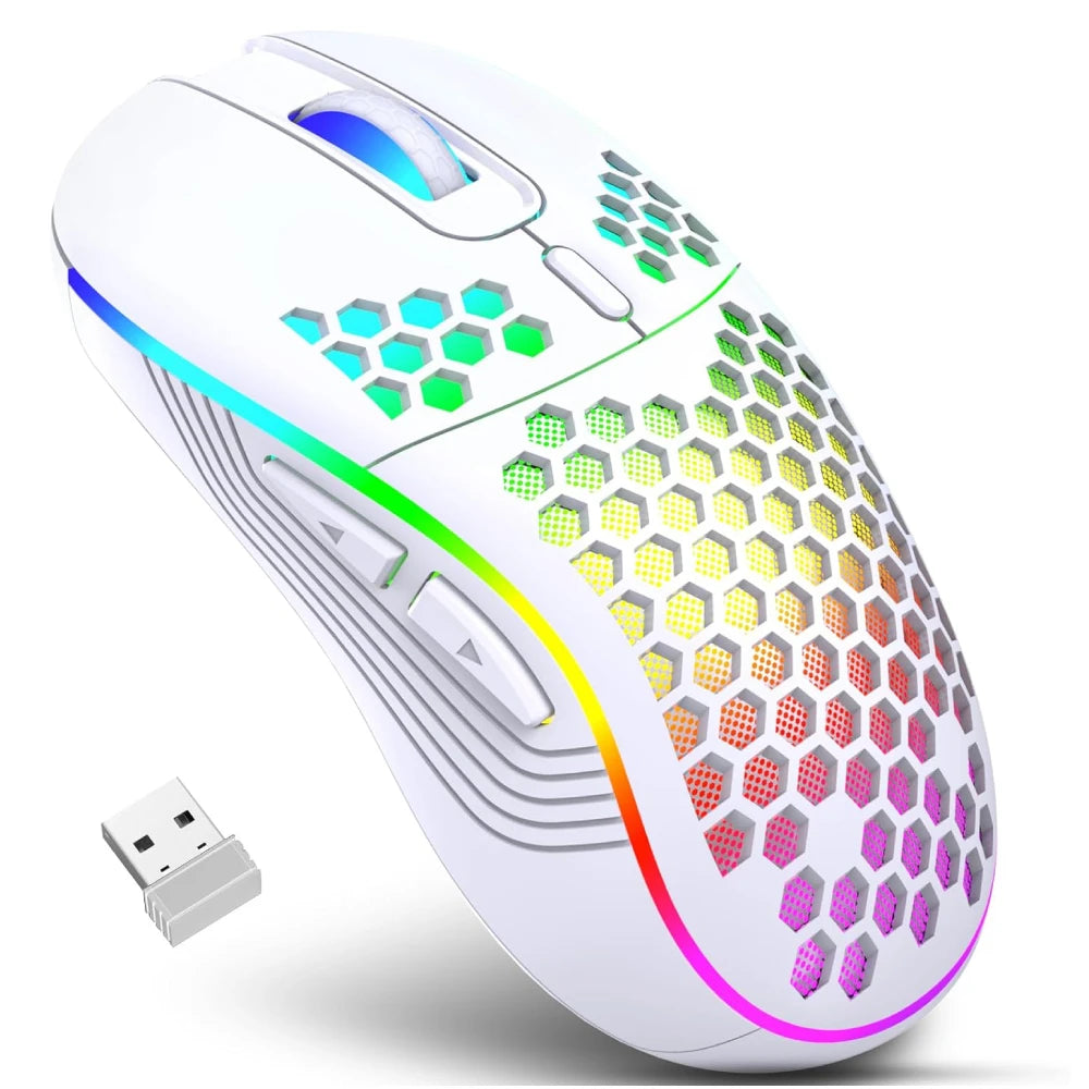 Souris gaming sans fil 2.4G – Éclairage RGB, DPI réglable, design alvéolé ergonomique – Rechargeable, compatible PC & laptop