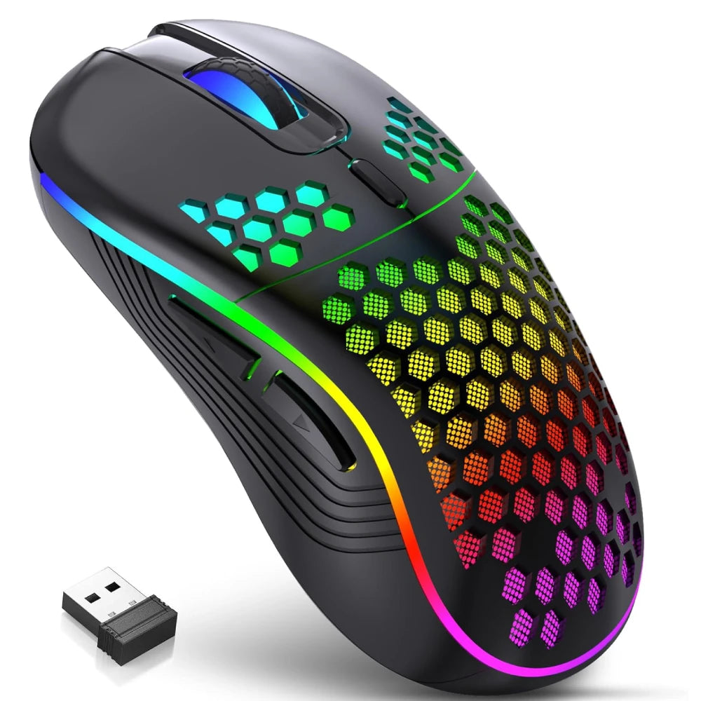 Souris gaming sans fil 2.4G – Éclairage RGB, DPI réglable, design alvéolé ergonomique – Rechargeable, compatible PC & laptop