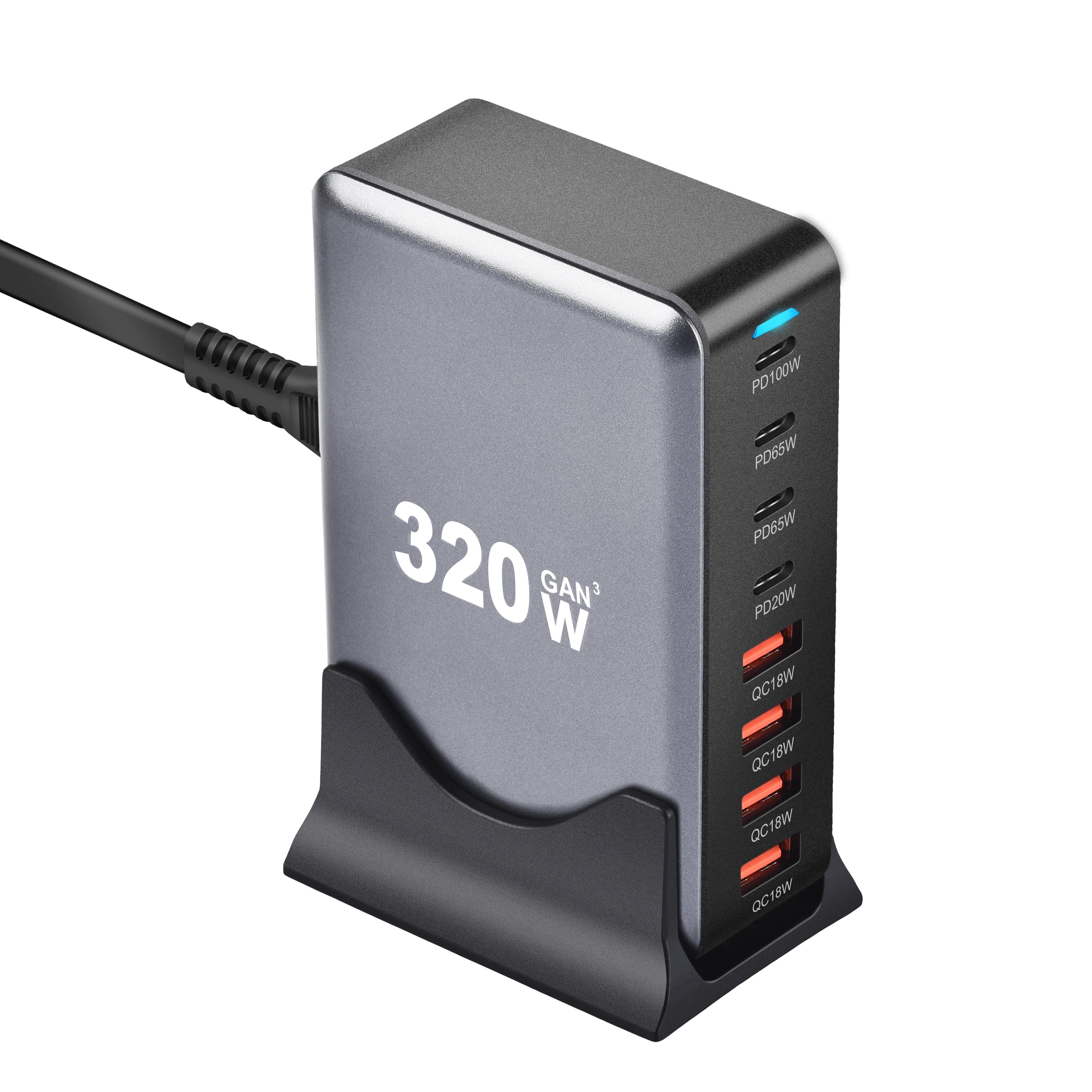 Chargeur rapide GaN 320W – 8 ports USB-C & USB-A – PD 3.0