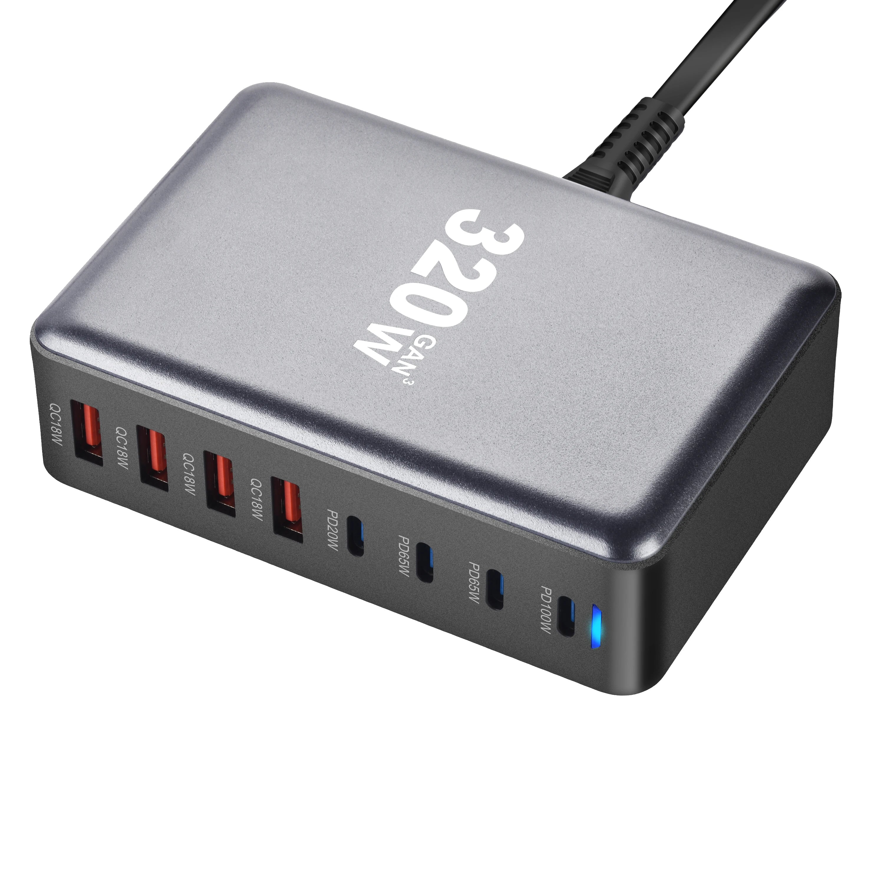 Chargeur rapide GaN 320W – 8 ports USB-C & USB-A – PD 3.0