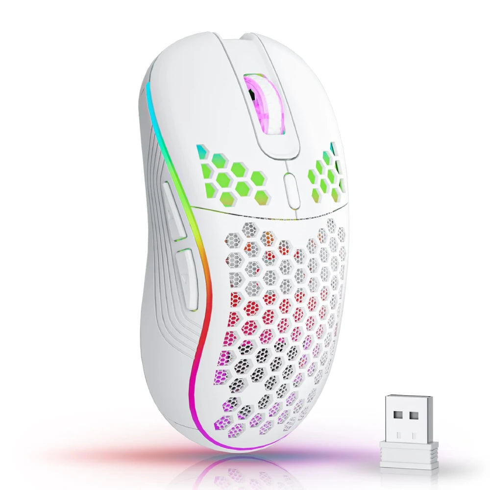 Souris gaming sans fil 2.4G – Éclairage RGB, DPI réglable, design alvéolé ergonomique – Rechargeable, compatible PC & laptop